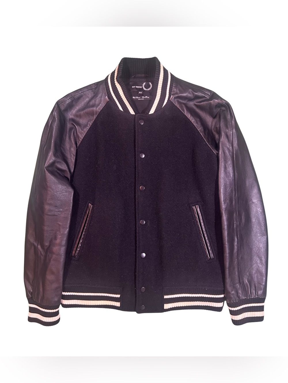 Raf Simons x Fred Perry Black Wool Leather Varsity Bomber Jacket Men’s Medium